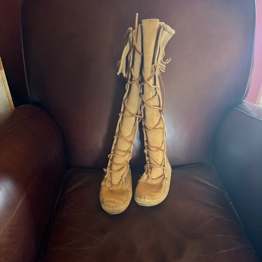 Tall Tan Leather Minnetonka Moccasin Boots - Picture 2 of 13